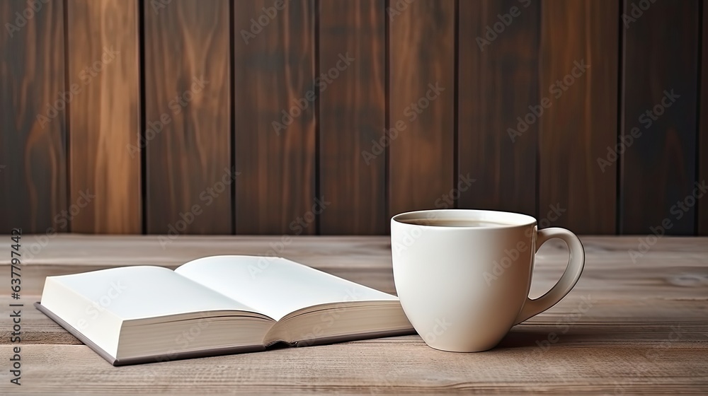 Aufkleber responsive design template with vintage wood background featuring a blank book and coffee cup in a f