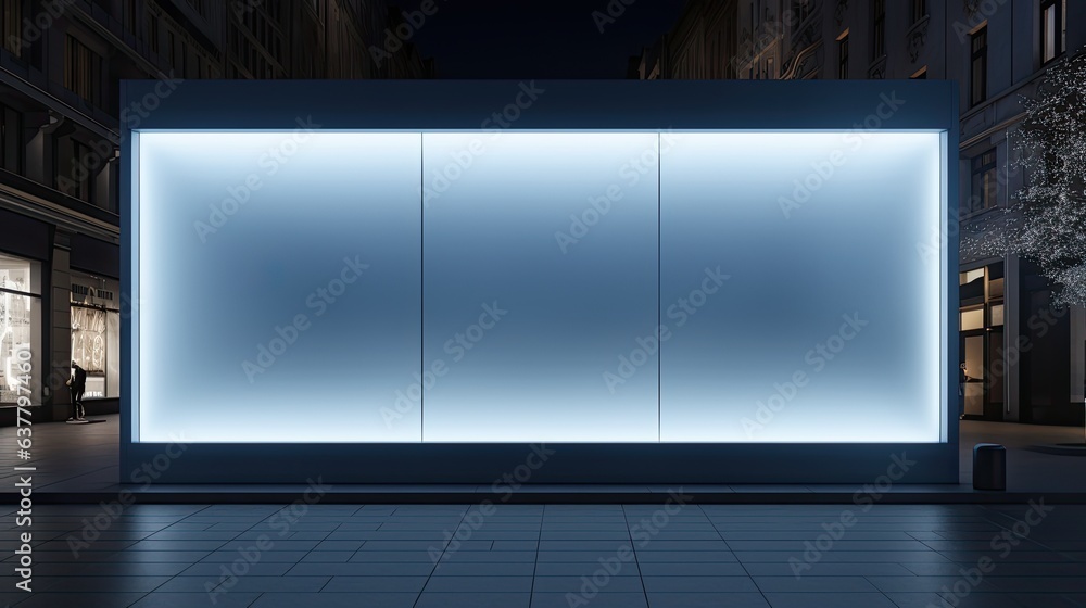 Poster nighttime shop window with a big blank 3d render banner. mockup image