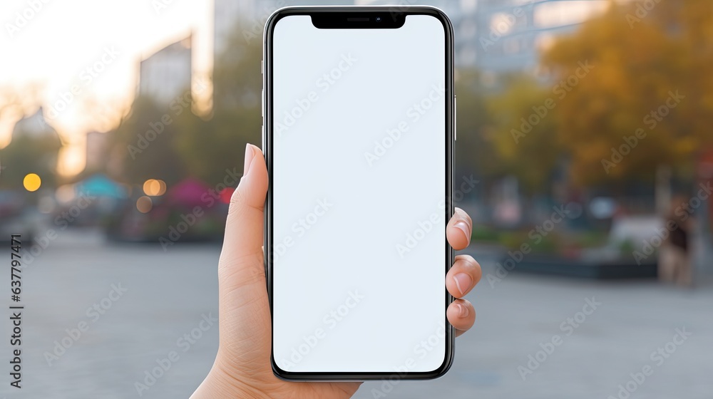 Poster hand holding a cell phone with a blank screen for texting outdoors representing business contact com