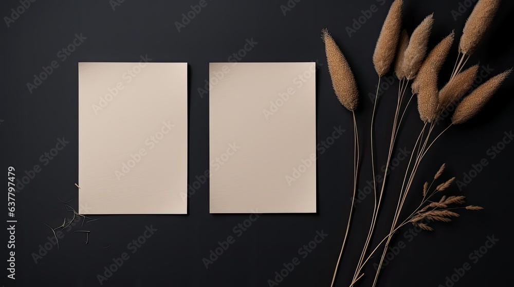 Aufkleber minimal business brand template with blank paper sheet cards dry grass stems on deep grey background