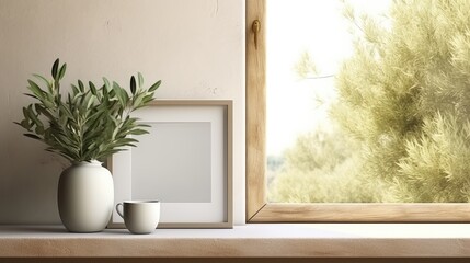 Sophisticated Mediterranean interior with a summer home ambiance Vase holding olive tree branches on a wooden table Picture frame mockup on wall Coffee tea and a
