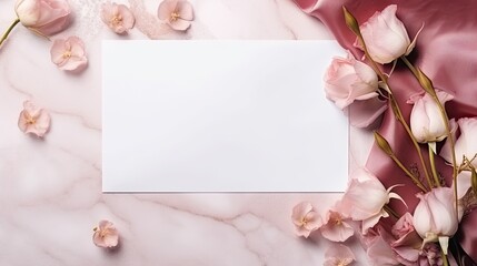 Naklejka na ściany i meble Blank card on marble with flowers and ribbons top view Romantic card mockup copy space