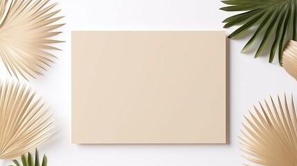Top view of a simple business template with blank white paper gold stationery and a dry leaf on a white background. Mockup image