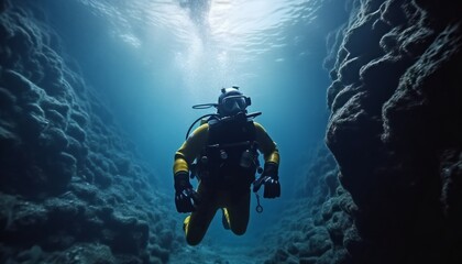 Scuba deep sea diver swimming in a deep ocean cavern