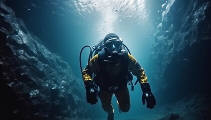 Naklejka na ściany i meble Scuba deep sea diver swimming in a deep ocean cavern