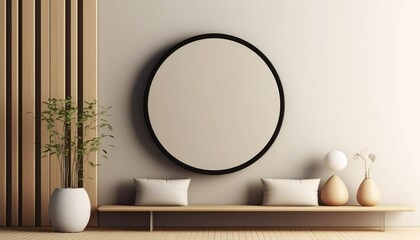 Rounded mirror hanging on a wall in a minimalistic interior