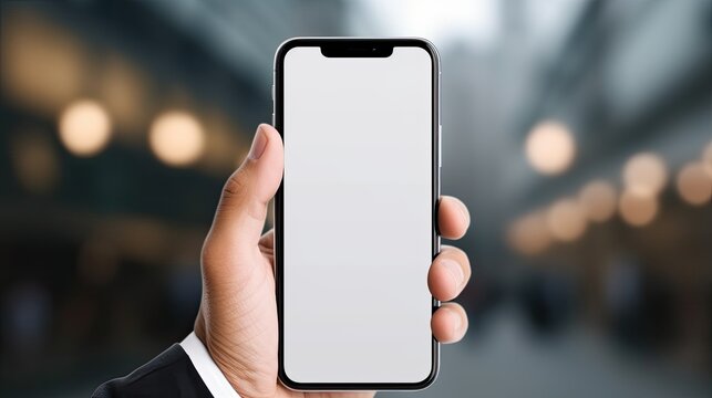 A businessman holding a blank smartphone screen in a close up with a blurred background. Mockup image