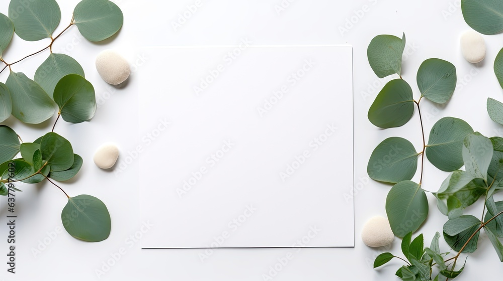 Poster Minimal boho style card with blank space on eucalyptus leaves top view Ideal for business social media and blogs. Mockup image