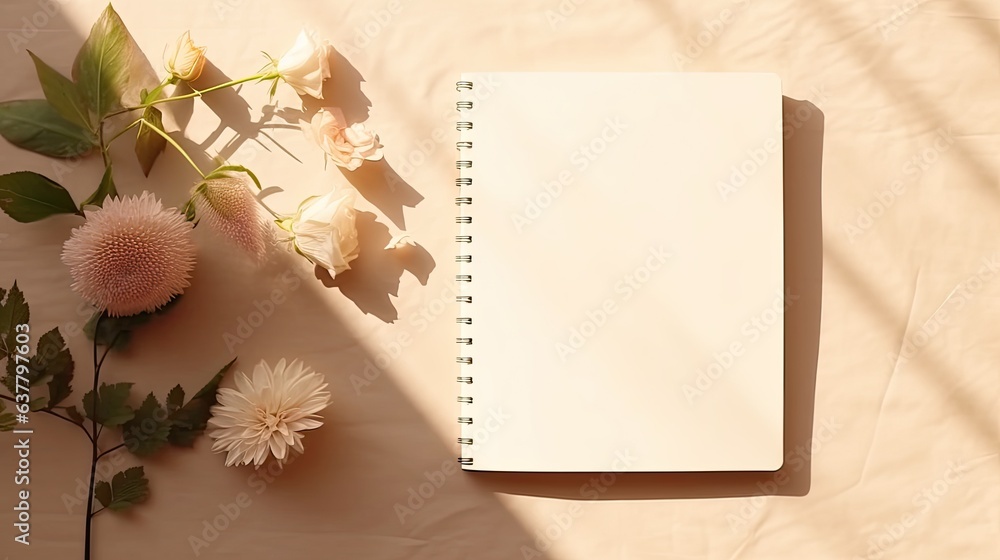 Poster a flat lay workplace template with blank paper notebook pen and floral shadows on a beige background