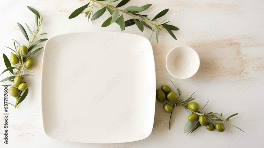 Aufkleber Top view of an elegant wedding table with invitation card and porcelain plates adorned with olive branches A modern template with a blank vertical paper card lai. Mockup image