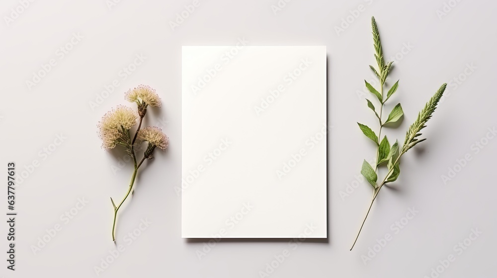 Poster minimal business brand template with blank card pen and green floral twig on light gray background f