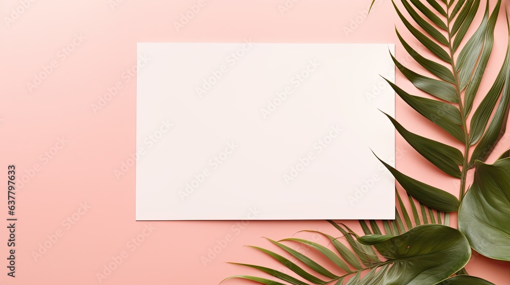 Aufkleber minimal brand template with blank mockup on pastel coral background flat lay top view