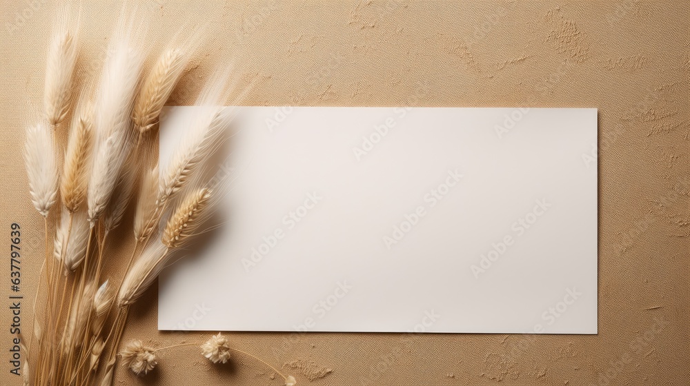 Poster blank white paper with dried grass decoration beige background invitation card mockup beige table fl