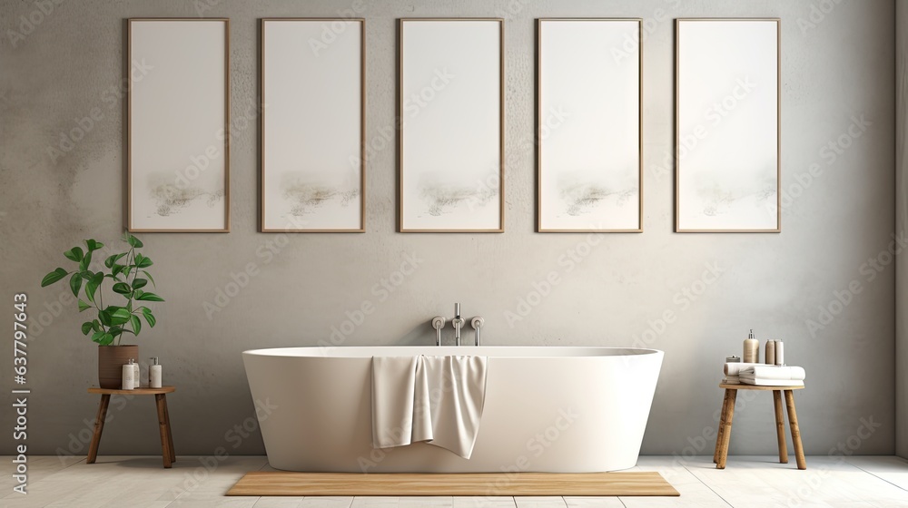 Poster empty frames in a bright bathroom. mockup image