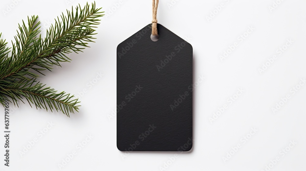 Aufkleber blank black paper label made from recycled kraft paper hanging on white table background representin