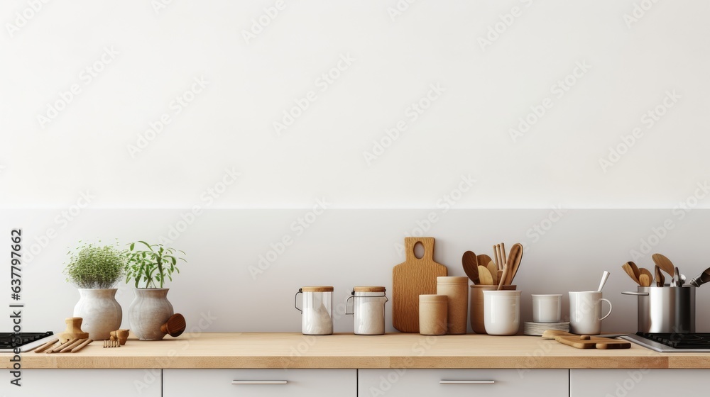 Aufkleber a modern kitchen backdrop with utensils on white counter and space for text. mockup image