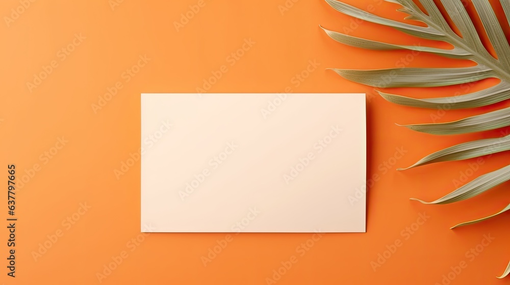 Poster Luxurious invitation or business card template featuring dried palm leaf on an orange background . Mockup image