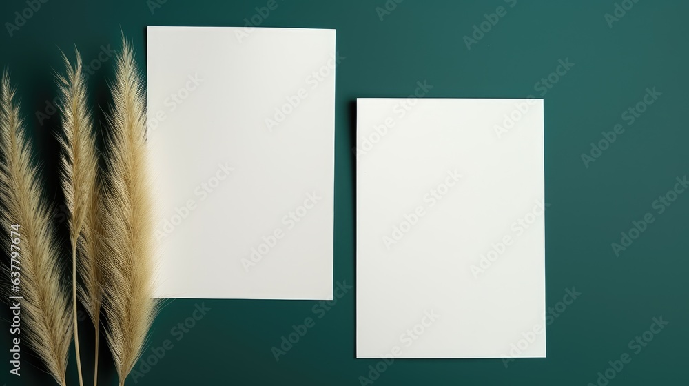 Canvas Prints Minimal brand template featuring blank cards with mockup space dry pampas grass and soft sunlight shadows on deep green backdrop creating an aesthetic flat lay