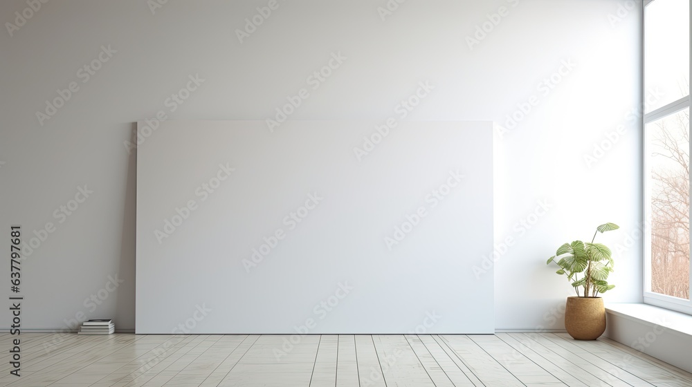 Aufkleber having a blank white canvas in a minimalist space prompts deep thought and attention . mockup image
