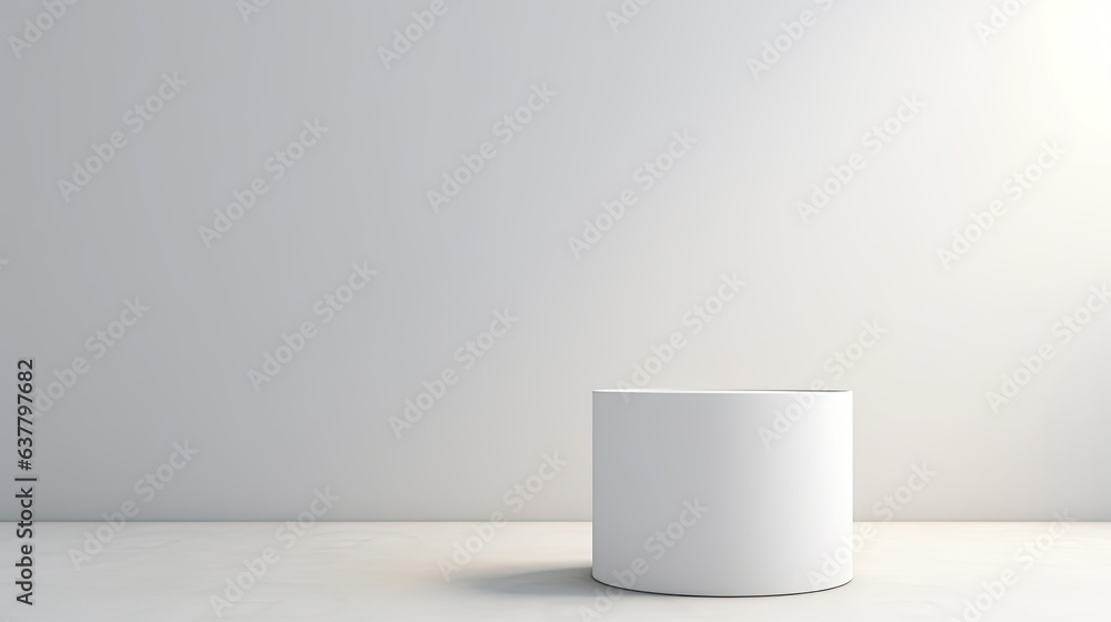 Poster White cylinder in a light gray room with infinite background and banner Space for text mockup copy space 3D illustration Minimal concept