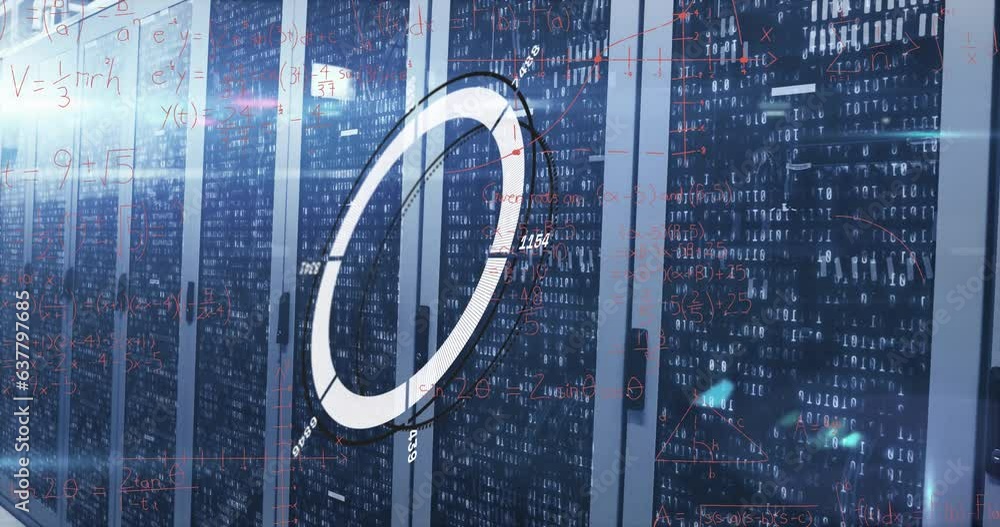 Poster animation of loading circles, numbers, mathematical equation, binary codes on data server racks