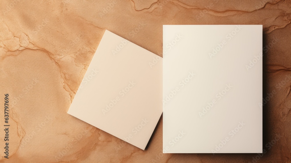 Poster Mockup template with copy space featuring flowers and empty paper cards on a warm rug background