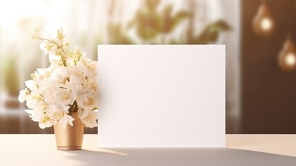 White blank card mockup for name place folded on wedding table background