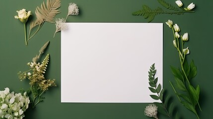 Mockup of a white card envelope and dried flowers on a green background