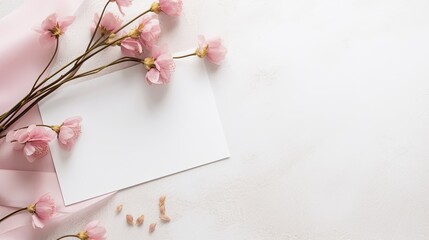 Top view over a white marble table with a blank vertical card pink flowers and silk ribbons Ideal for romantic invitations or greeting card presentations. Mockup image