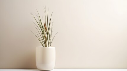 Neutral beige background with glass vase holding dried grass stems bouquet Aesthetic minimalist home decor with a photo frame mockup