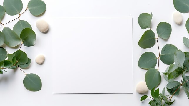 Minimal boho style card with blank space on eucalyptus leaves top view Ideal for business social media and blogs. Mockup image