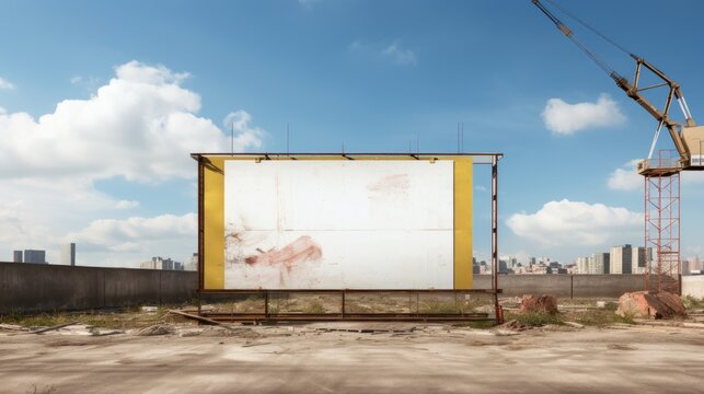 Construction site with yellow crane behind fenced hoarding poster under blue sky offers copy space. Mockup image