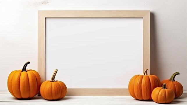 Scandinavian style wooden frame with ripe pumpkins and Halloween decor. Mockup image