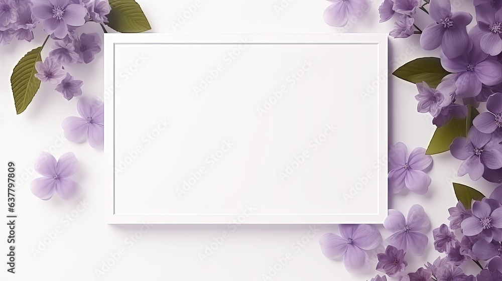 Poster purple violet flowers and leaves create an elegant frame with space for mockup copy it s a top view 