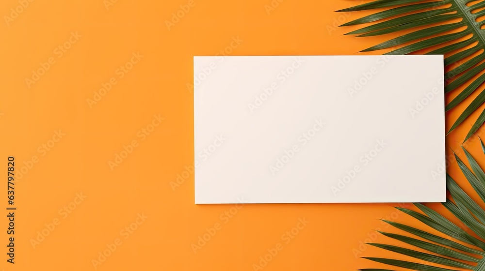 Aufkleber blank mock up paper with dried palm leaf on orange background . mockup image