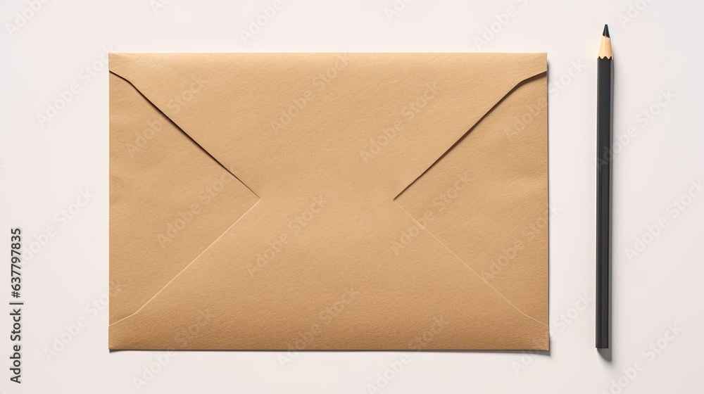 Poster minimal branding design template with blank card in kraft paper envelope and pencil on white backgro