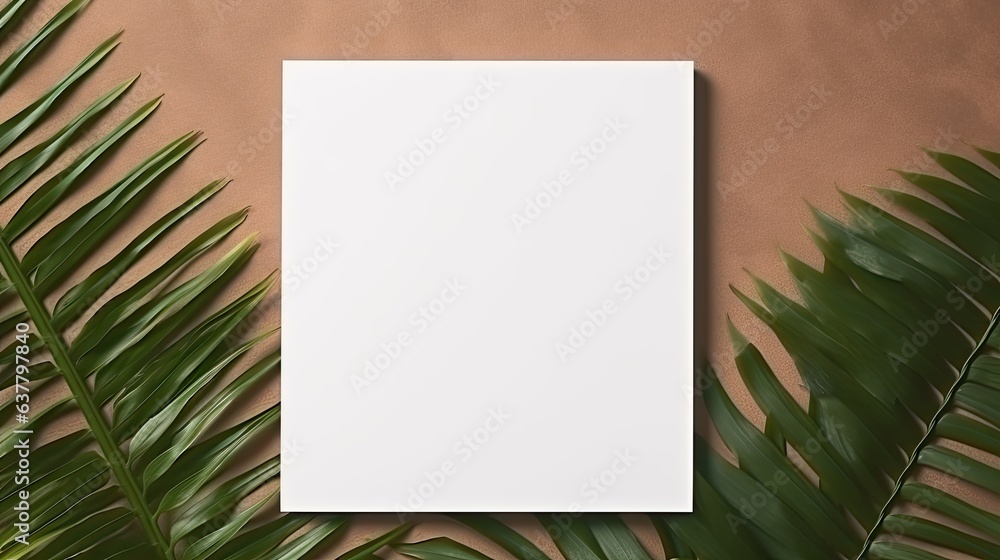 Poster Palm leaf on table with square invitation card mockup