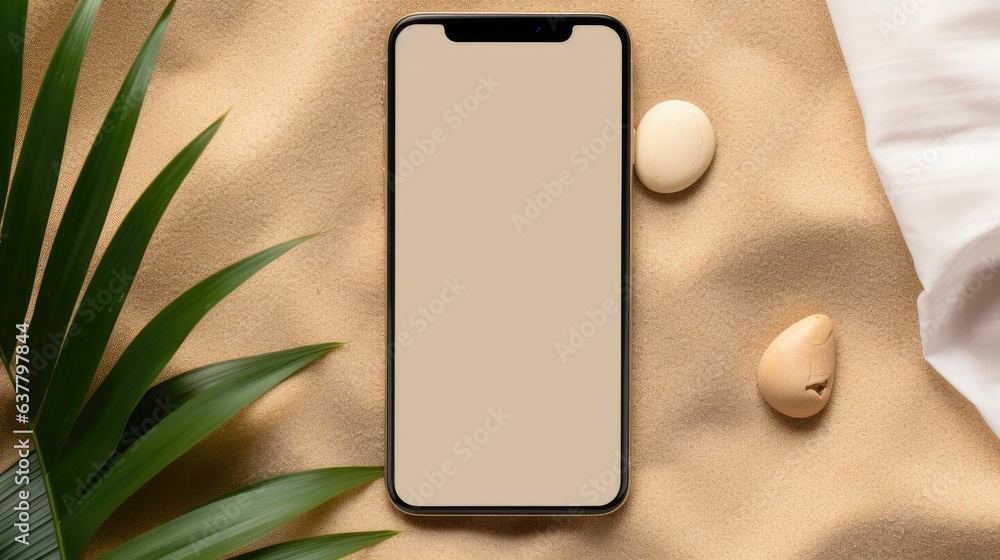 Aufkleber minimalist business brand template with mobile phone and blank paper on sand jute mat top view. mock