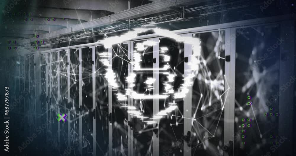 Poster animation of padlock in shield over connected dots forming geometric shapes on data server racks