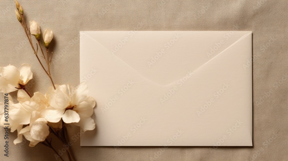 Poster Neutral beige linen background with empty card and flowers subtle aesthetic template for business branding advertising invitations or greeting cards. Mockup image