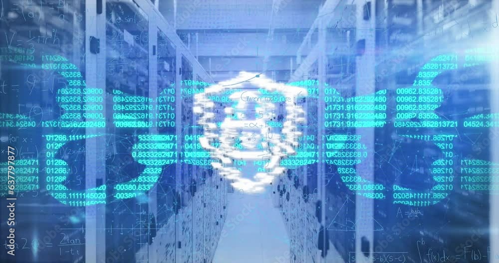 Poster animation of padlock in shield, numbers forming blockchain over server room