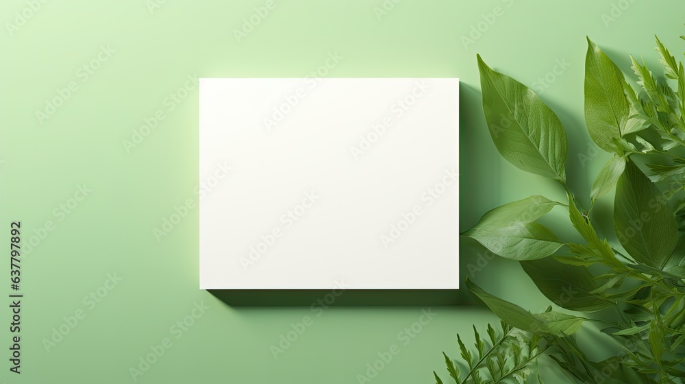 Poster top view of a blank card mockup on a green background with sunlight and shadow neutral colored minim
