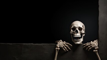 Skeleton holding black empty card on black background mockup for Halloween card