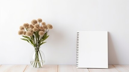 Allium flowers in a vase against a white wall. Mockup image