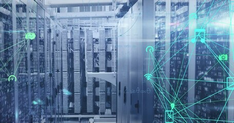 Animation of connected icons forming globes with mathematical equations on data server racks - Powered by Adobe
