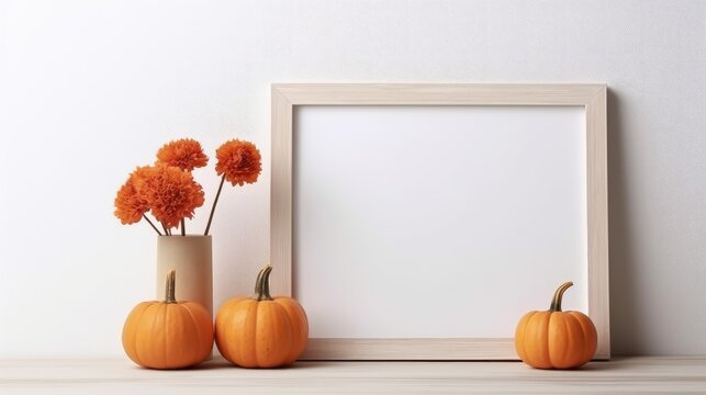Scandinavian style wooden frame with ripe pumpkins and Halloween decor . Mockup image
