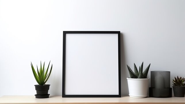 Succulent plant industrial lamp and black frame on shelf desk White surroundings Portrait frame orientation . Mockup image