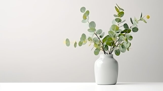 Mockup of white table with green eucalyptus leaves in vase