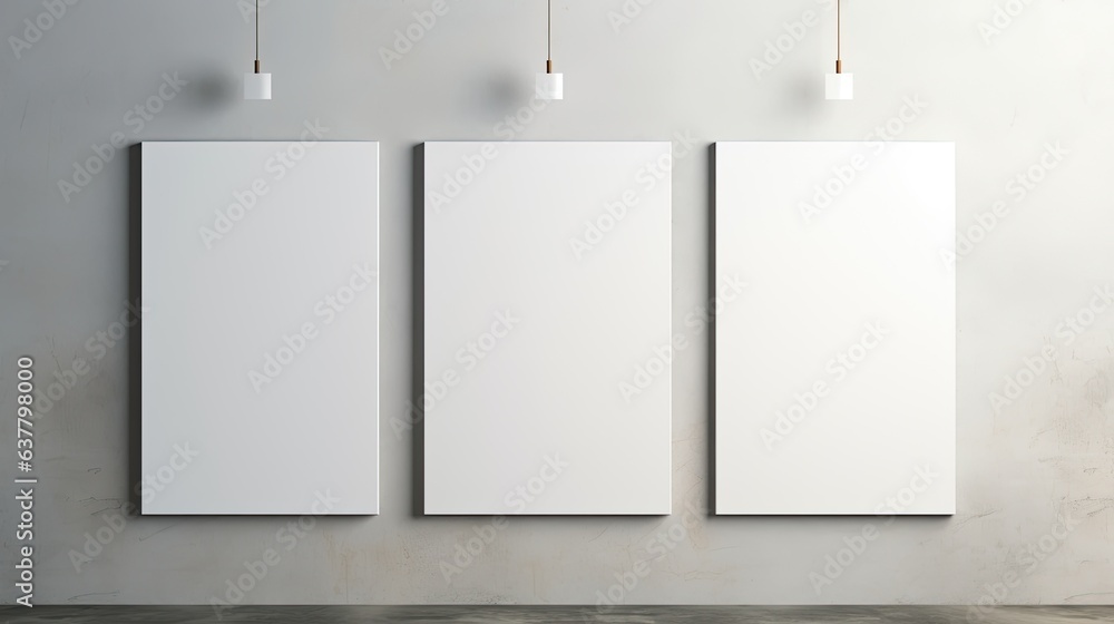 Aufkleber three vertical white rectangle poster mockups with soft shadows on a light grey concrete wall backgr