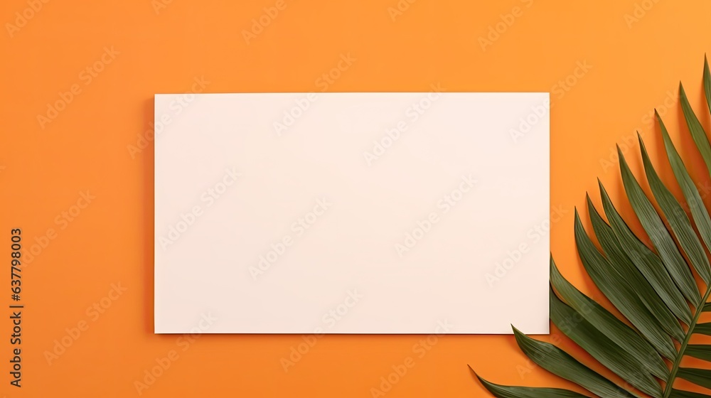 Aufkleber Minimal business brand template with blank paper sheet and dry palm leaf on orange background Flat lay top view . Mockup image
